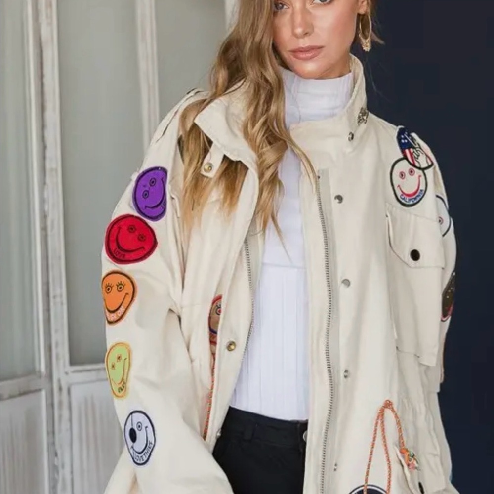 Women's Cream Jacket with Colorful Smiley Patches